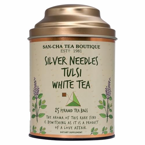 Image of Sancha Tulsi White Tea | 25 Pyramid Bags | Silver Needle White Tea with Pure Tulsi Leaves | Delicate Herbal & Citrus Notes