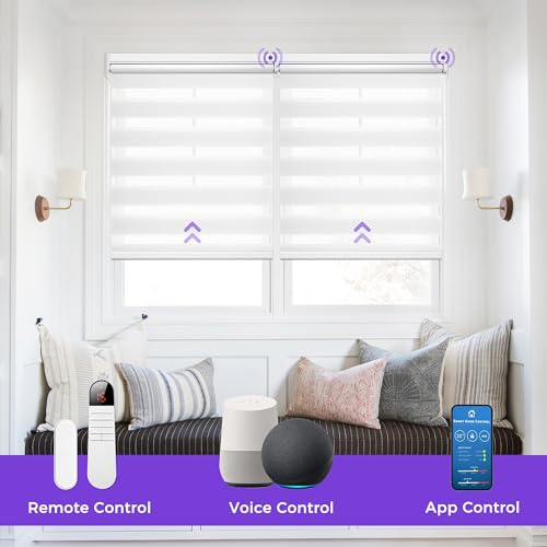 Motorized Zebra Blinds for Window with Remote Control, Compatible with Alexa, Smart Dual Layer Shades - White, H72 x W29