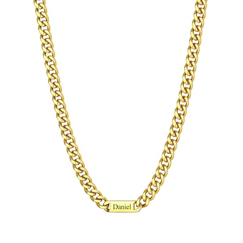 Custom4U Personalized Stainless Steel Cuban Link Chain for Men Women, 5mm/7mm/9mm Width Engraving 1-6 Names Cuban Chain Necklace, Steel/14K Gold Plated/Black Fathers Day Gift Hip Hop Jewelry