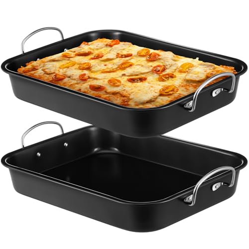 Teenyyou 2 Pack Detroit Style Pizza Pan 10 x 14 x 2.2 Inch with Handle Hard Rectangular Deep Pizza Pans Non Stick Sicilian Style Pan Dish Pre Seasoned Bakeware Kitchenware