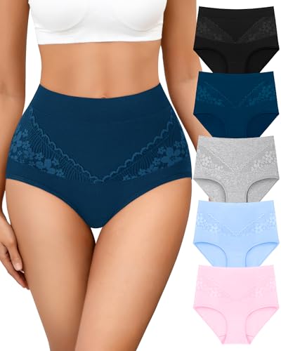 Image of Women's Cotton Underwear Slight Tummy Control High Waisted Postpartum Panties Ladies Soft Full Coverage Briefs 5 Pack