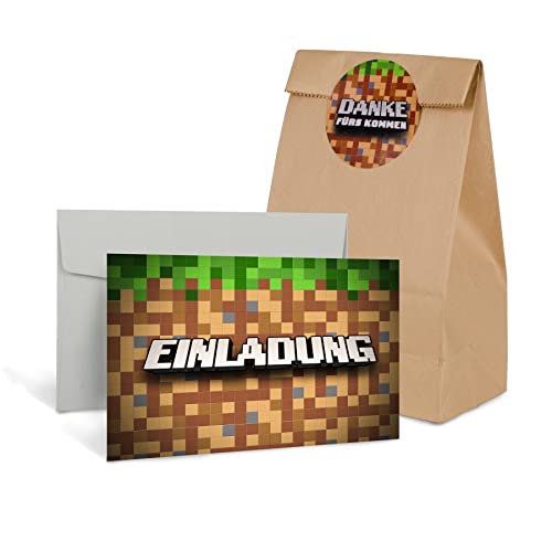 PEUZ 12x Einladungskarten Set für Kindergeburtstag & Party Komplettes Party-Paket mit 12 Umschlägen Stickern & Mitgebseltüten Einladungskarten zum Ausfüllen für Mädchen & Jungen