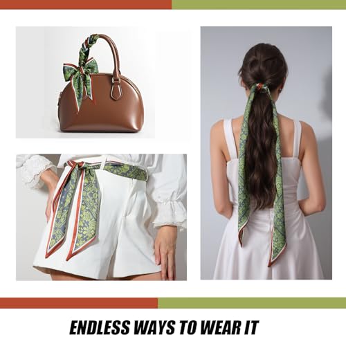 Green Bag Handle Scarf for Handbags Purse Bow Satin Hair Head Silk Neck Scarves Women Western Fashion Accessories Lightweight Summer2