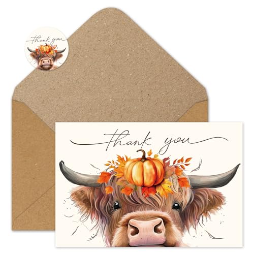 Cartes de remerciement mariage automne avec motif de vache des Highlands aquarelle