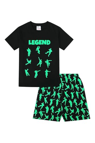 ThePyjamaFactory Emote Legend Dance Gaming All Over Gaming Black Green Cotton Short Pyjamas (7-8 Years)