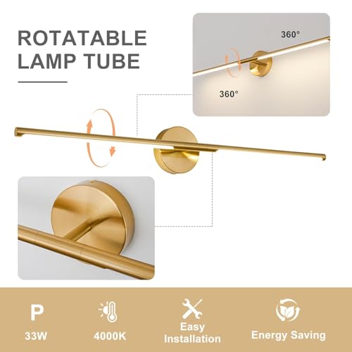Image of Gold Bathroom Light Fixtures Over Mirror 43 Inch, 33W 360 Rotatable Dimmable 4000K Led Brass Vanity Light Bar, Brushed Gold Bathroom Vanity Lights Above Mirror