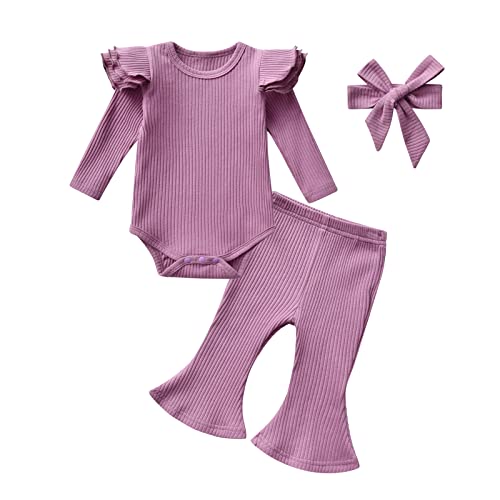 Image of Kulcerry Newborn Infant Baby Girl Clothes Solid Color Ribbed Long Sleeve Romper Pants Headband Outfits Set (0-3 Months, Purple)