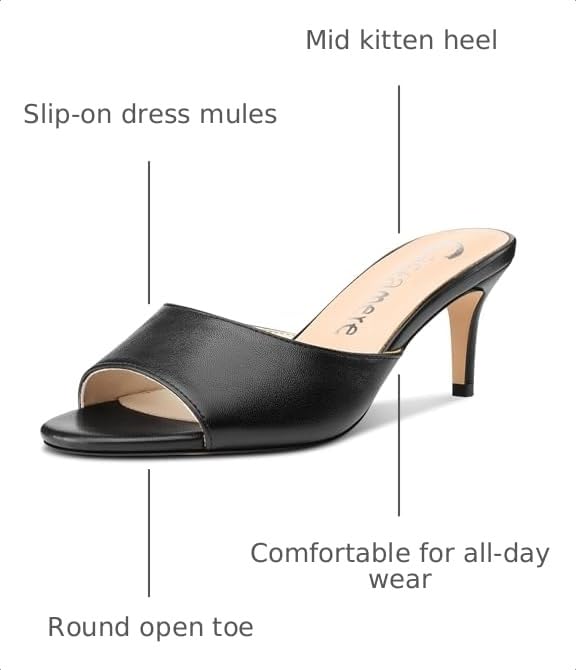 Castamere Round Open Toe Heeled Sandals for Women Mid Kitten Heels Slip-on Dress Mules Office Casual Summer Shoes 2.6 Inches Heels Black Matte 6 M US by Castamere - Used condition - Image 3