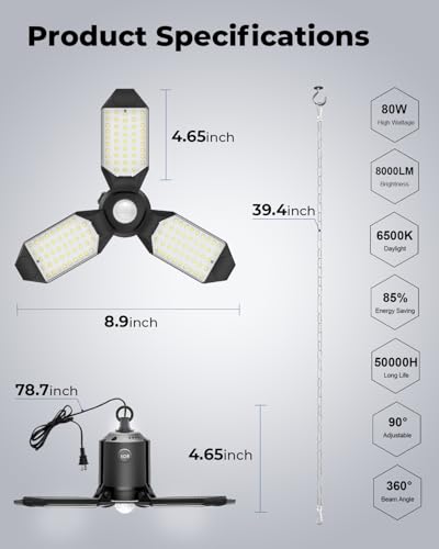 Image of toberich Motion Sensor Garage Light Plug in, 8000LM Shop Light w / 3 Modes, 3 Deformable LED Panels, 6500K Indoor Motion Sensor Light Bulb for Garage, Utility Room, Basement (1 Pack)