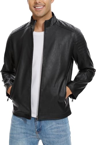 Fahsyee Faux Leather Jacket Men - Black Motorcycle Bomber Jackets Lightweight Casual Vintage Slim Fit Riding Coat