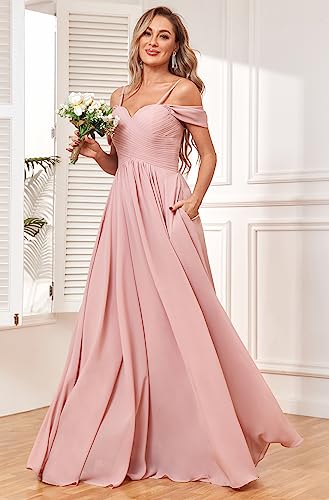 Fu Jiang Off The Shoulder Bridesmaid Dresses for Women Long Chiffon Pleated Formal Evening Dress with Pockets3
