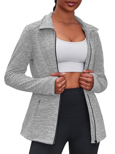 Fisoew Damen Laufjacke Slim Fit Sportjacke Langarm Trainingsjacke Sweatjacke Ohne Kapuze Für Yoga Fitness Leicht Atmungsaktive Full Zip Running-Jacken Activewear Funktionsjacke mit Tasche(Grau,M)