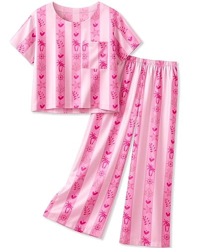 Petite&Me Silk Girls Christmas Pajamas Kids/Teens 2 Pieces Lounge Sets Short Sleeve Top & Wide-Leg Pants Soft Pjs Loungewear