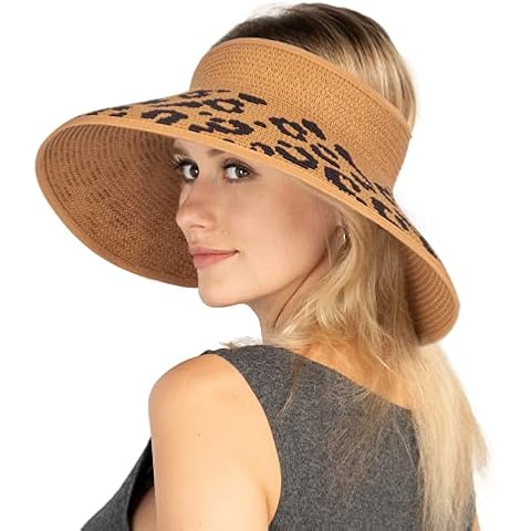 Women Sun Visors Foldable Straw Hats Leopard Summer Beach Packable Hat Floppy Wide Brim Cap Deep Style, Adjustable Size Cover