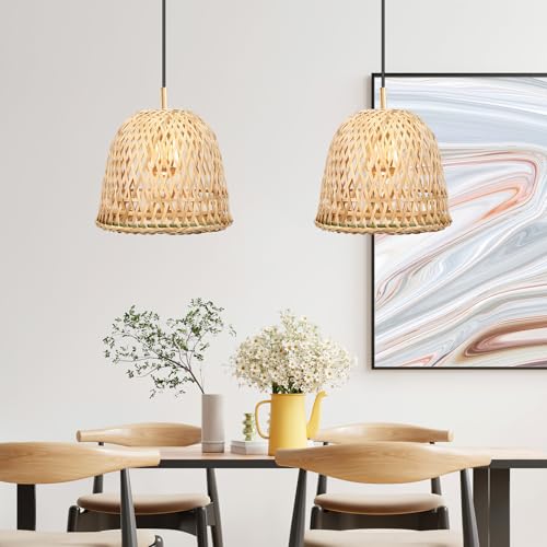 Image of Beavorty Rattan Lamp Shade 2 Pcs Wicker Lamp Shade Bamboo Woven Chandelier Lampshade Rattan Pendant Light for Ceiling Pendant Floor Khaki Japanese Decor