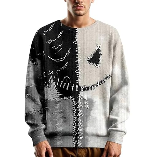RUMAOZIA Jersey de Halloween para hombre, vintage, clásico, de punto con cuello redondo, estampado, elástico, disfraz de Halloween, hip hop, harajuku sudadera, tops cálidos, suéter de lana negro, E | Ya disponible en tu tienda friki favorita! En mundofriki.es!