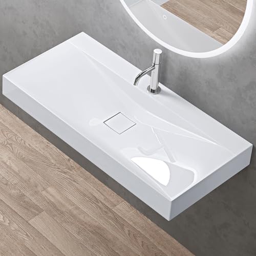 doporro Vasque à Poser 100cm avec Bonde Lavabo Suspendu Blanc Colossum810 Fonte Minérale Solid Surface 100x48x12cm
