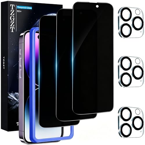 TZGZT 3 Pack Privacy Screen Protectors for iPhone 14 Pro Max 9H Tempered Glass Military Grade Shatterproof HD Clear Bubble Free Easy Installation Case Friendly Camera Lens Protectors Included