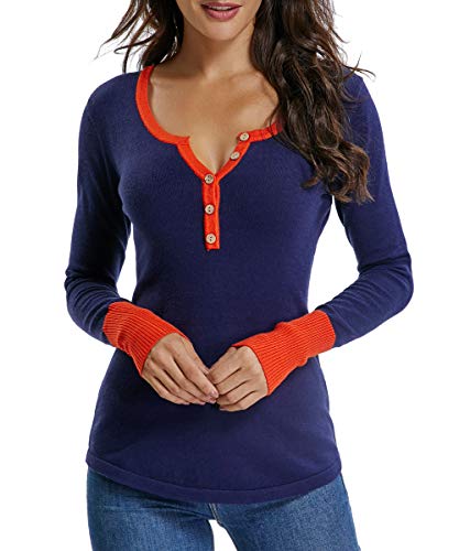 Dilgul Jersey Mujer Blusas de Elegante Invierno Botón Punto Cuello V Manga Larga Otoño Ajustado Labor de Retazos Jerséis Azul Marino X-Small Cover