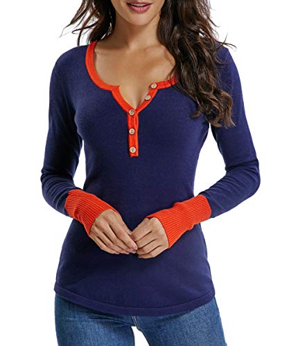 Dilgul Maglione Donna Maglioni Invernali Manica Lunga Pullover Scollo a V Bottone Blusa Patchwork Blouse Blu Reale Small