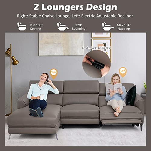Giantex Upholstered Sectional Sofa Couch, With Chaise Lounge And Electric Power Recliner, Certipur-Us Sponge, Adjustable Headrests, Metal Legs, Air Leather Modern L-Shaped Living Room Furniture, Grey #TOP6