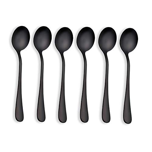 Berglander Schwarze Titan Vergoldet Edelstahl Suppe Löffel, Schwarz Farbe Suppe Löffel, Edelstahl Runde Löffel, Packung mit 6 (Schwarze Glänzend)
