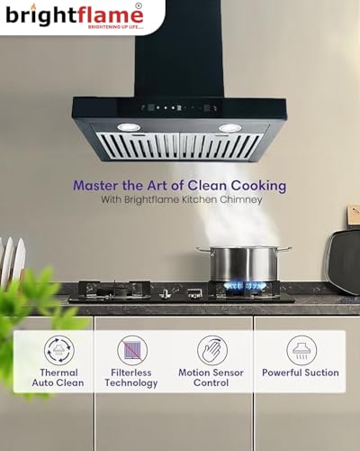 Image of Brightflame Auto Clean Kitchen Chimney with Motion Sensor | 60cm /90cm Wall Mount | Filterless | Powerful Suction 1200 m /hr | Touch + Wave Control | LED Light | for 2-4 Burner Stoves