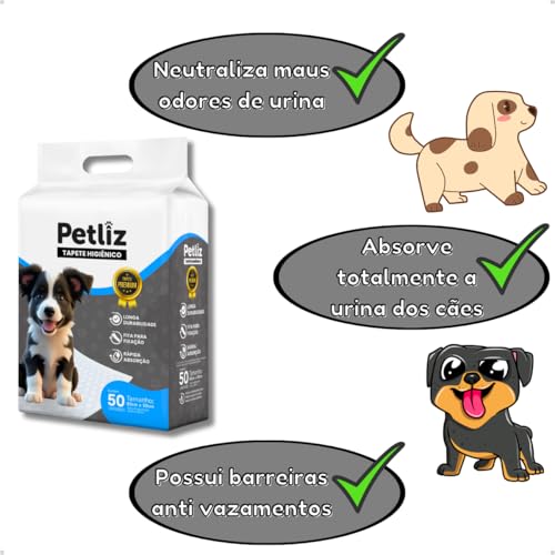 Tapete Higiênico 60cm x 50cm 50 Unidades para Cachorro Sanitário Super Absorvente Antivazamento Alta