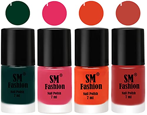 Image of Nail Polish Combo Set (Pack of 4) Quick Dry Gel Finish Nail Paint | Dark Green,Dark Rose Pink,Reddish Orange,Dark Nude | 7 ml Each