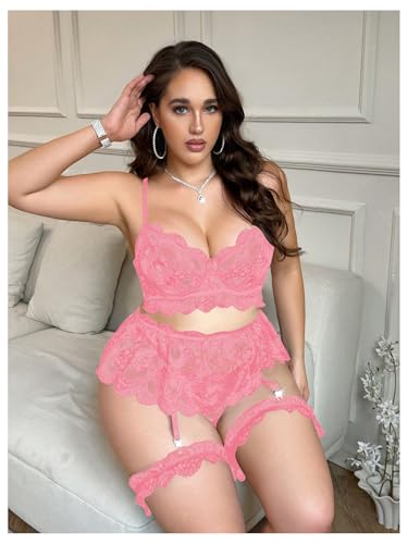 Image of Verdusa Women's Plus Size 4 Piece Lingerie Set Floral Lace Sheer Bralettes and Thong with Garter Belt
