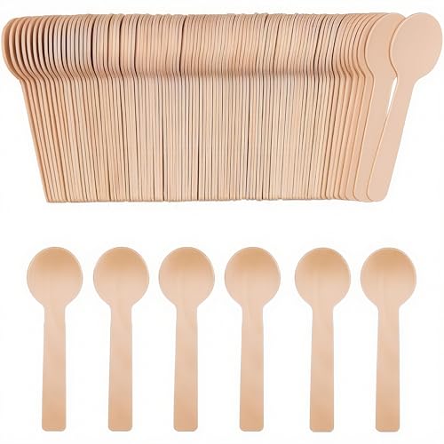 Toneek 100pcs 4 inch Mini Wooden Spoons, Biodegradable Compostable Birchwood, Food Grade Ice Cream...