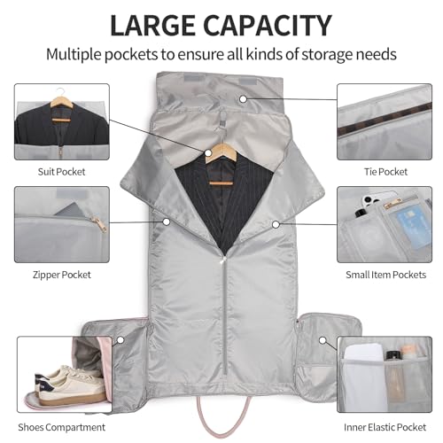 Image of seyfocnia Convertible Travel Garment Bag, Carry On Garment Bag for Women, 2 in 1 Hanging Suitcase Suit Business Travel Bag Weekender Bag, Pink
