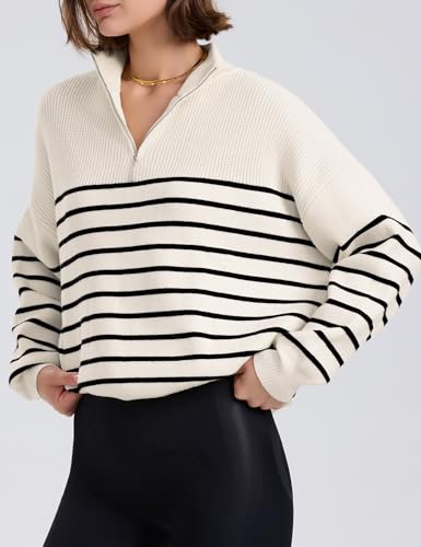 PrettyGuide Women's Long Sleeve Quarter Zip Oversized Pullover Striped Sweater Casual Mock Neck Loose Ribbed Knit Tops3
