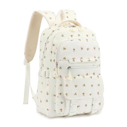 Image of Kids High Middle School Backpack for Girls 5-12 Kawaii Travel Flower Bookbag,Beige Flower