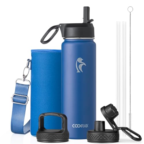 Coolflask 24 oz Insulated Water Bottle with Straw & 3 Leakproof Lids