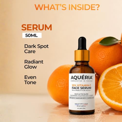 Image of Aqueria 10% Vitamin C Brightening Face Serum for Glowing Skin | 50ml | French Formulated Serum with 3% Niacinamide, Hyaluronic Acid & Vitamin E | For Dark Spots, Dull Skin & Uneveven Skin Tone