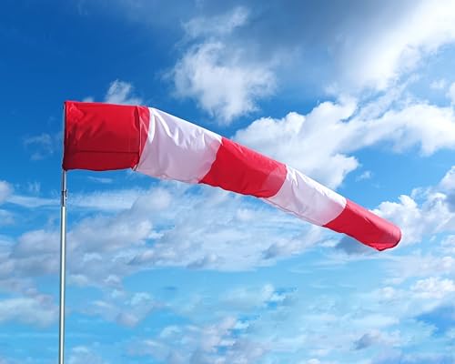 FLAGLY Premium Windsack für Draußen, Windrichtungsanzeiger in Rot-Weiß 180x30x15cm für Windsackkorb mit 30cm Durchmesser, Windanzeiger Made in Germany, Windhose Garten, Wetterfahne