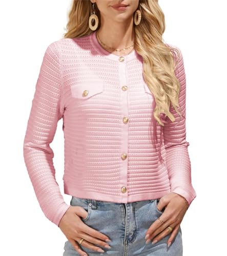 GRACE KARIN Damen Rosae Langarm Strickjacke Open Front mit Knopfleidte Bolero Elegant Gestrickt Jacke Frühling Outwear Beige Rosa L