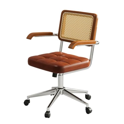 Silla de oficina retro pequeña con respaldo transpirable, ajustable, giratoria, acabado de madera de cerezo, diseño Ergon para el hogar y tareas (rojo marrón)