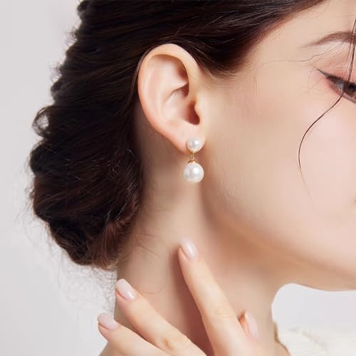 Double Bead Pearl Earrings for Women 925 Sterling Silver Gold Big Pearl Lightweight Ball Stud Earrings Trendy Dangle Drop Earring Bridal Wedding Jewelry Birthday Christmas Gift for Her3