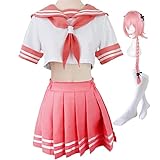 EROOLU Astolfo Cosplay Costume Pink Pleated Skirt School Uniform with Wig Halloween JK Uniform Sailor Suit (With wig, 2XL)