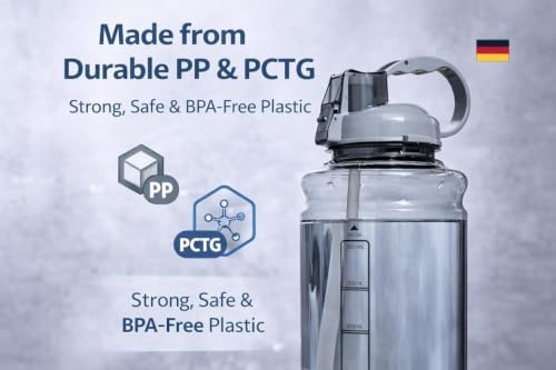 Image of Large Water Bottle with Straw and Handle, Sports Sipper Bottle with Measurement Markings and Flip Top Lid, Gym, Fitness, Workout & Travel