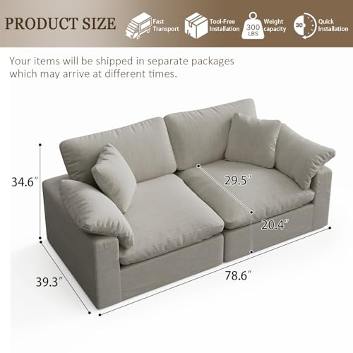 Image of Modular Sectional Sofa Cloud Couch,78.6 inch Down Filled Comfy Cloud Modern Sofa,2 Seater with Light Beige Linen Couch Cushion Covers Removable Furniture for Living Room