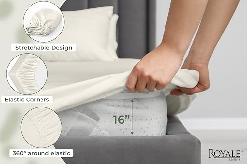 Image of Royale Linens 100% Organic Cotton King Fitted Sheet Only - Percale Weave - Super Soft Deep Pocket Bottom Sheets - Ivory Elastic Sheet - King Size Fitted Sheets Only - (78 inchx80 inch+15 inch, Ivory)