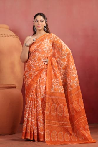 Image of TAMAIRA FASHION White Mulmul Pure Cotton Saree For Woman Floral Printed |Office Wear Daily Wear Sarees For Women Without Blouse Piece (Available in 16 Colours)