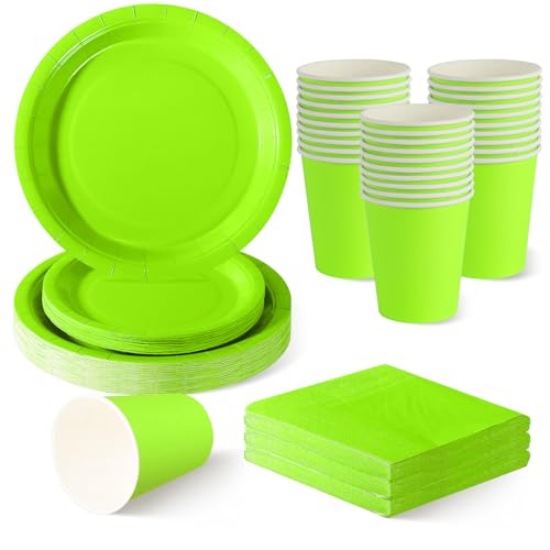 ZblPyro Verde Lima vajilla cumpleaños para 30 invitados con platos carton redondos 23cm y 18cm, vasos de papel y servilletas. Ideal para fiestas primavera y cumpleaños.