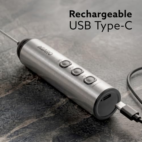 Image of AGARO Regency Rechargeable Milk Frother, 3-Speed Handheld Electric Whisk with Stainless Steel Cover, Portable Mixer for Coffee, Lattes, Hot Chocolates, Shakes & Egg, Home & Office Use, Stainless Steel