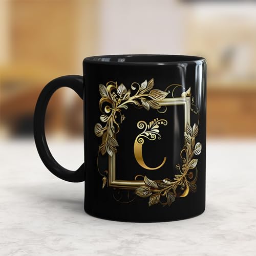 Image of Golden Floral Alphabet Letter Printed Coffee Mug Gift for Girl, boy,Wife,Husband,Girlfriend Boyfriend,Kids,Brother,Sister,Love and Valentines Day - 1pcs, Black, 330ml (AL-C)