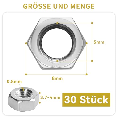 30 Stück Sechskantmutter M5, Mutter M5 Edelstahl A2 V2A Sechskantmuttern, Edelstahlmutter Regelgewinde Mutter