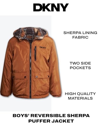 DKNY Boys Puffer Jacket - Reversible Zip Up Kids Winter Coat Sherpa Jacket with Hood - Outerwear Jackets for Boys3